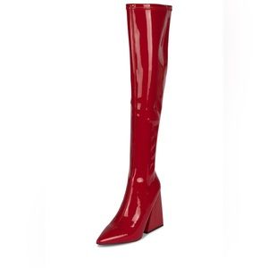 NEW: JEFFREY CAMPBELL RED PATENT VINYL KNEE HIGH APPEALS BOOTS SIZE 9